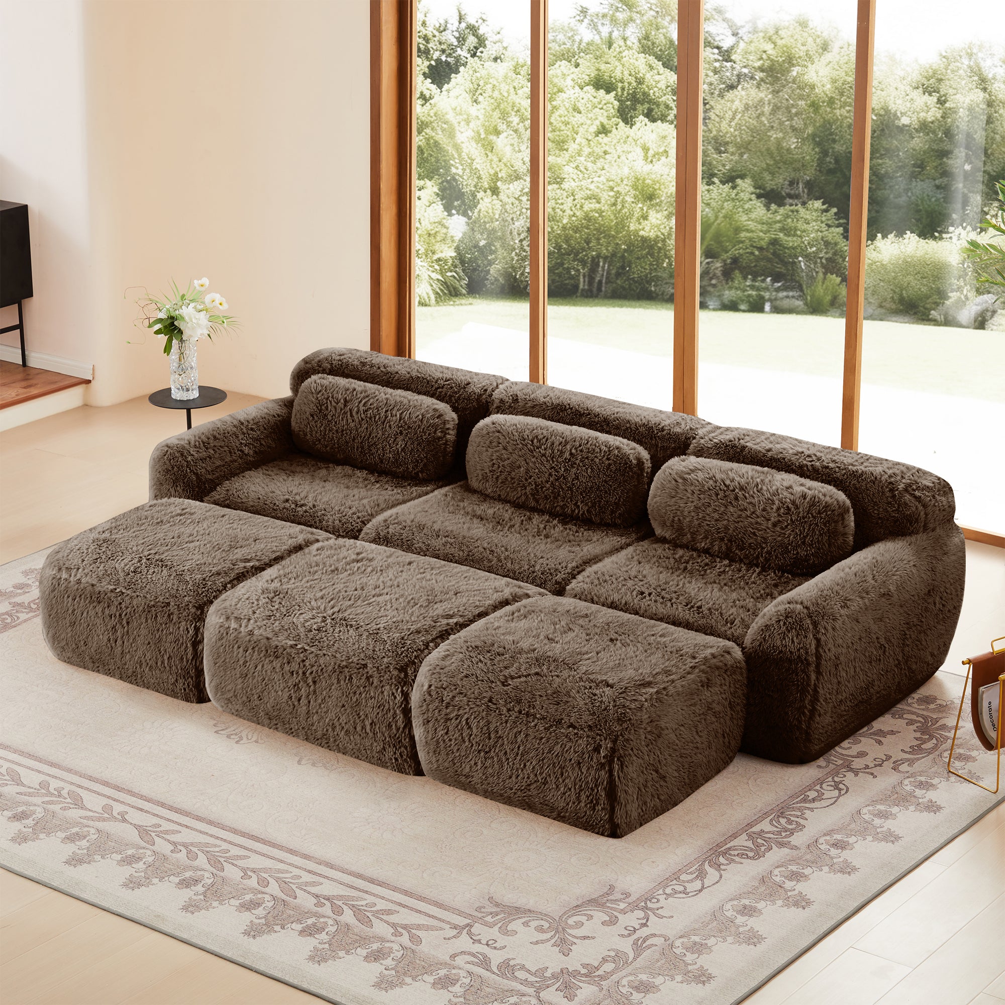 3-Seat Sectional Sofa Bed with 3 Movable Ottomans, Plush Fabric, 32D High-Density Sponge, No Assembly Required(Chocolate)
