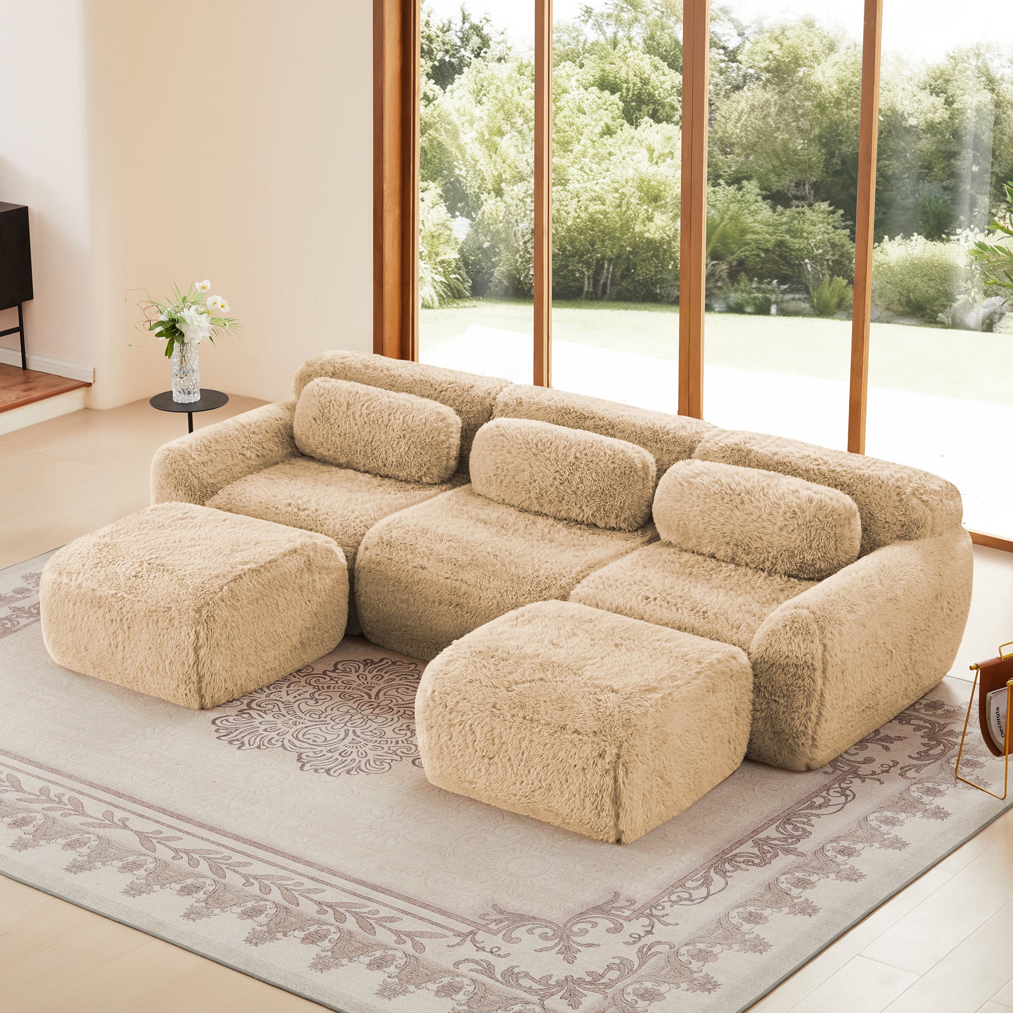 U-Shaped 3-Seat Sectional Sofa with 2 Chaise Lounges, Plush Fabric, 32D High-Density Sponge, No Assembly(Light Khaki)