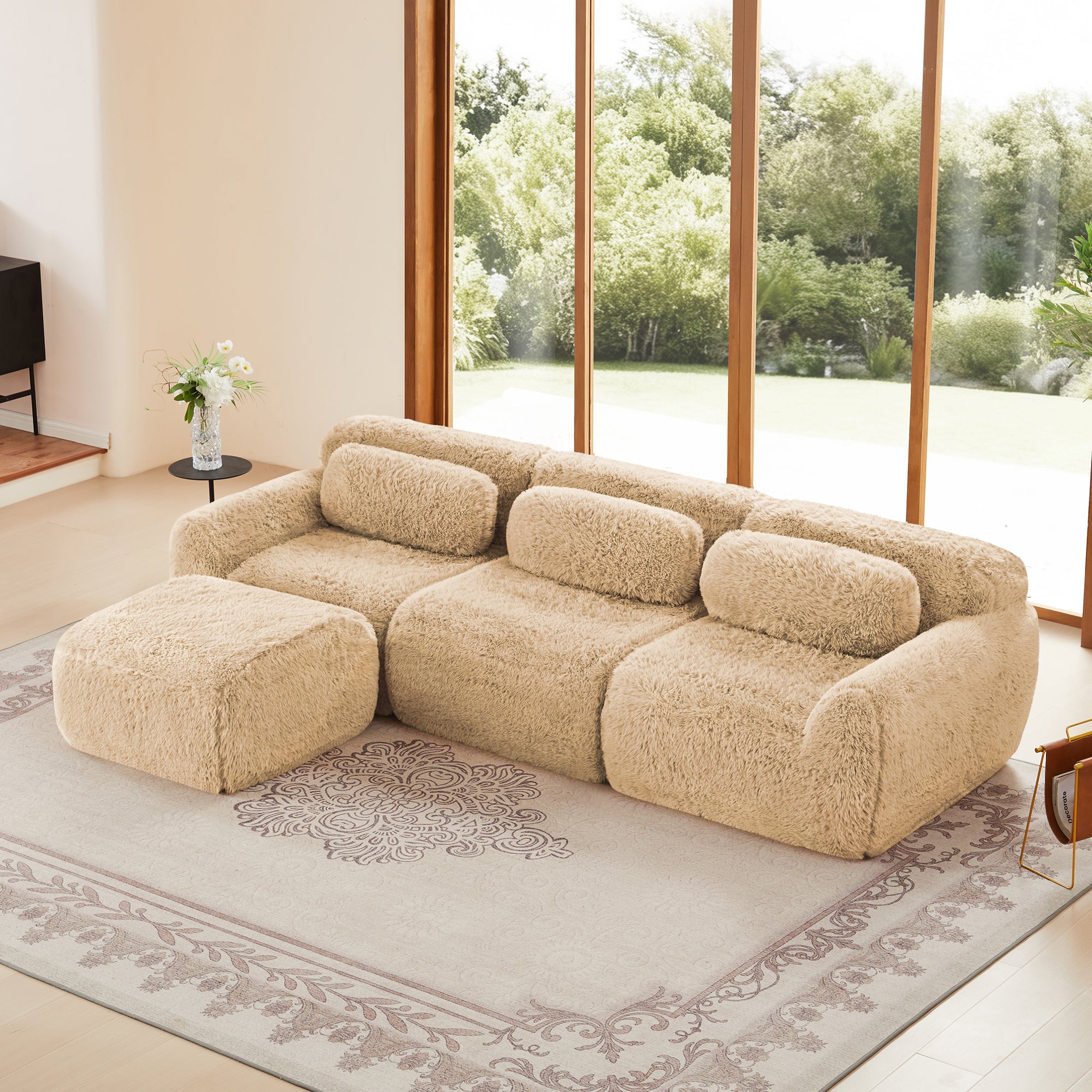 L-Shaped 3-Seat Plush Sectional Sofa with Movable Ottoman, 32D High-Density Sponge(Light Khaki)