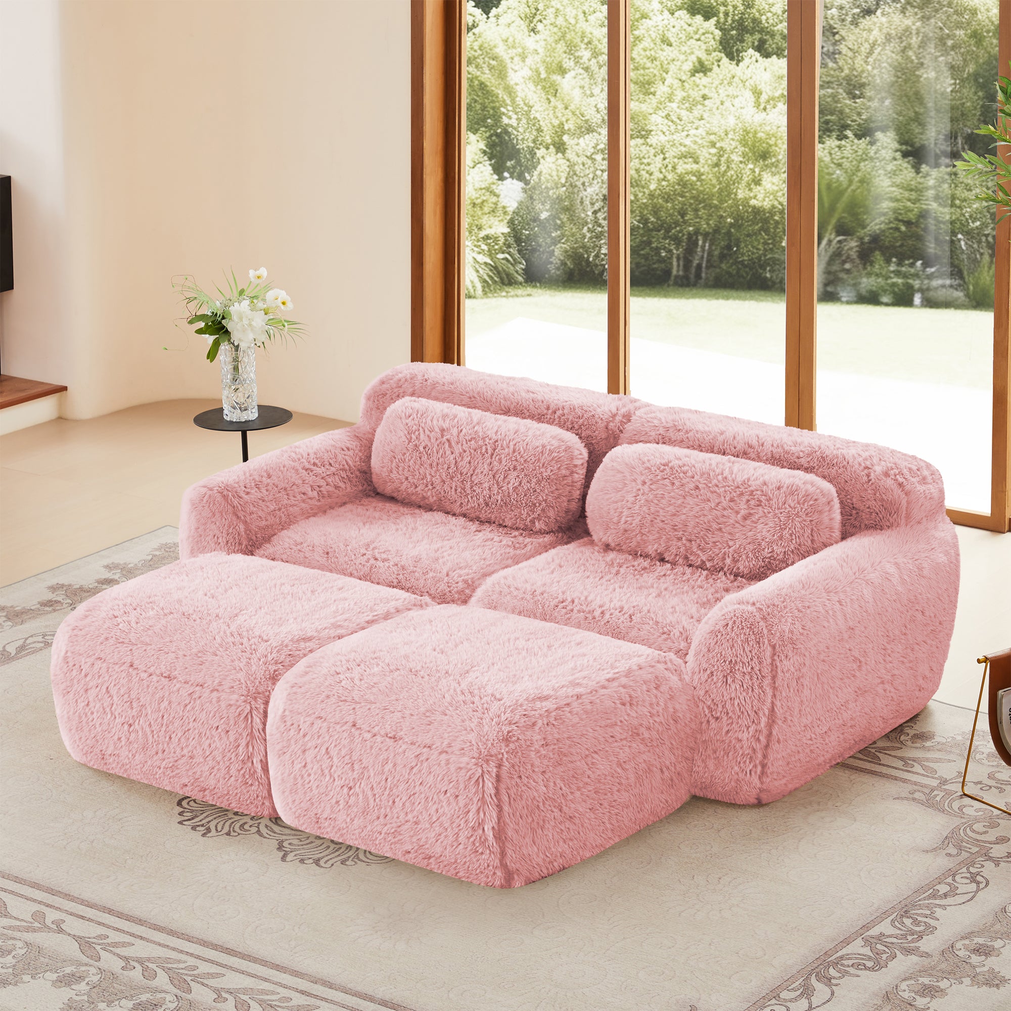 2-Seat Plush Sofa with Dual Chaises, 32D High-Density Sponge, No Assembly Required, Deep Seat Design(Pink)