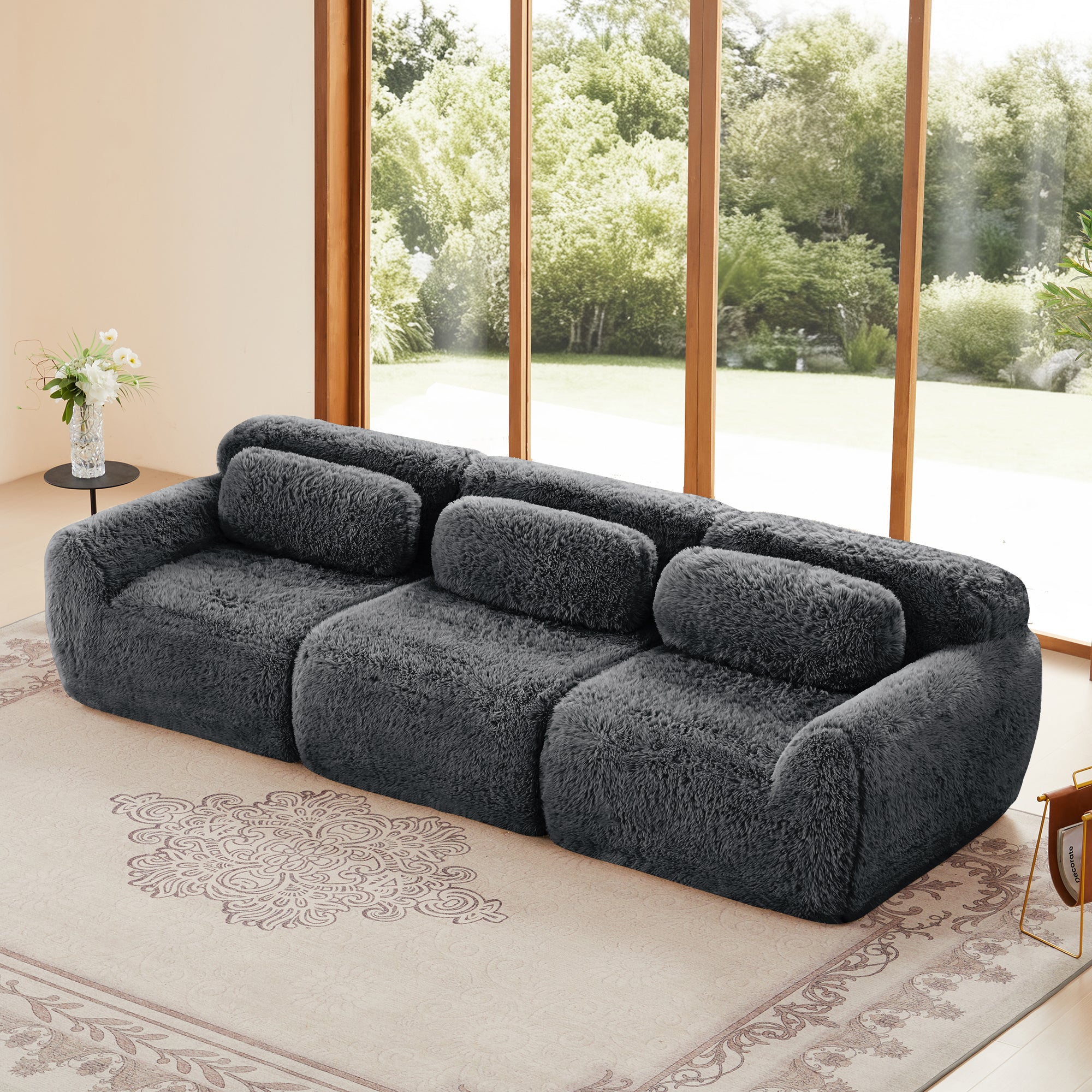 3-Seat Modular Sectional Sofa with Ottoman, Soft Plush Fabric, Vacuum Packed(DARK GREY)