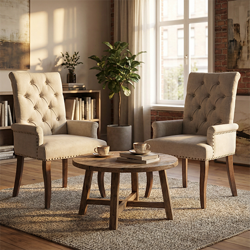 Single Beige Club Dining Chair in Chenille, Tufted Back with Curved Solid Wood Legs & Arms