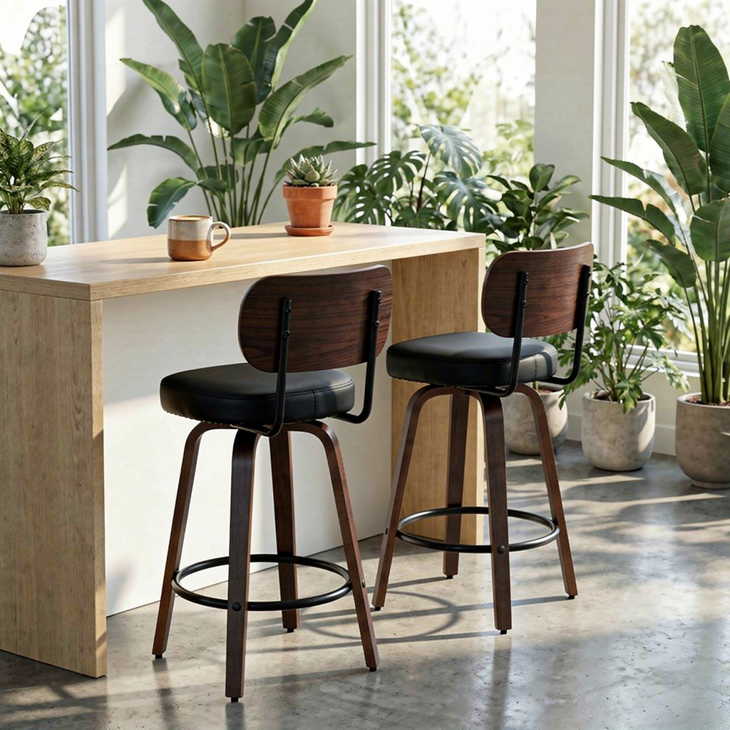 Black Swivel Bar Stools Set of 2, 26” Mid Century Modern Faux Leather & Walnut