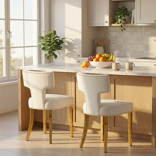 Mid Century Dining Chairs Set of 2, Beige Chenille with Copper Nail Trim & Gold Splayed Legs