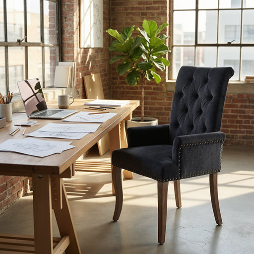 Black Tufted Dining Chair, Single Chenille Armchair with Solid Wood Legs