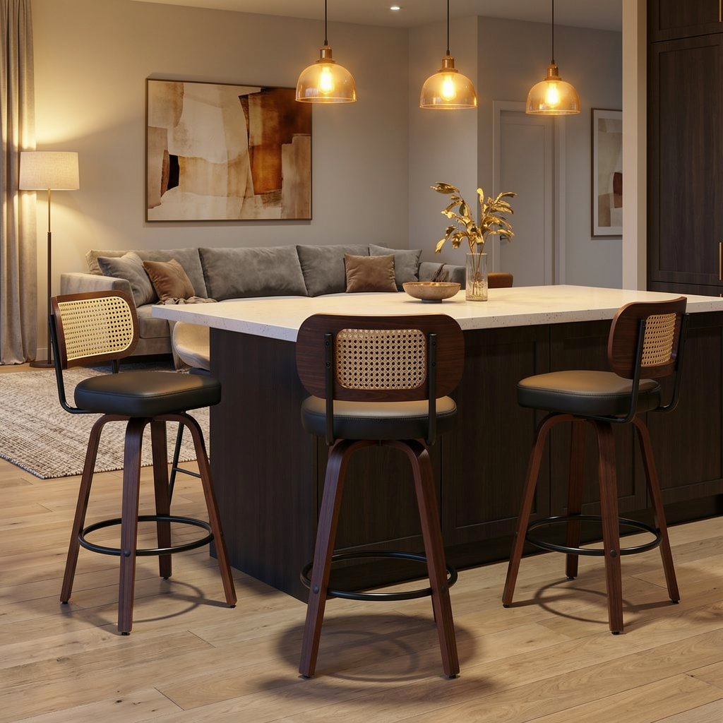 Set of 3 Rattan Back Bar Stools - 26” Swivel Counter Stools with Upholstered Seat for Kitchen Island, Walnut & Black