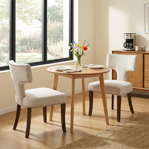 Mid Century Modern Dining Chairs Set of 2, Beige Linen Upholstery & Solid Hardwood Frame with Copper Nail Trim