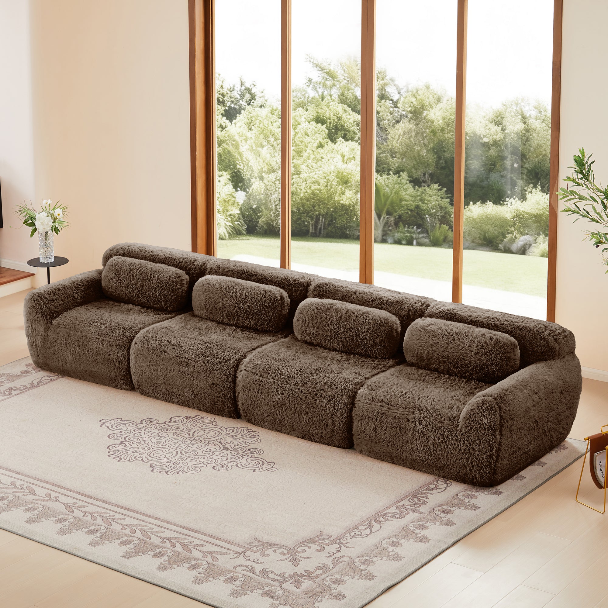 4-Seat Modular Sectional Sofa with Chaise, Plush Fabric & 32D High-Density Sponge, No Assembly Required(Chocolate)
