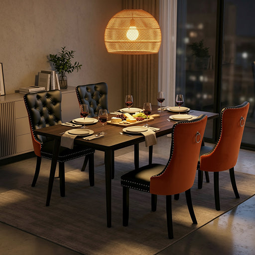 Modern Dining Chairs Set of 2, Black PU & Vibrant Orange Velvet with Nailhead Trim