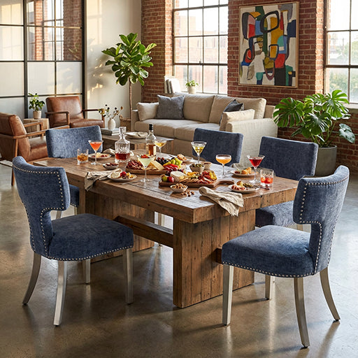 Mid Century Dining Chairs Set of 2, Blue Chenille with Copper Nail Trim & Silver Brushed Steel Legs