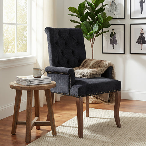 Black Tufted Dining Chair, Single Chenille Armchair with Solid Wood Legs