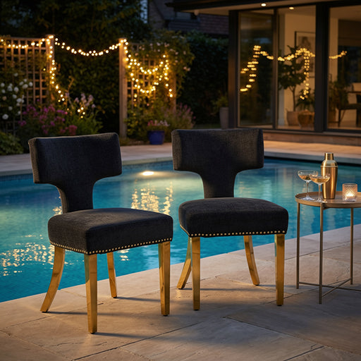 Mid Century Dining Chairs Set of 2, Black Chenille with Copper Nail Trim & Gold Splayed Legs