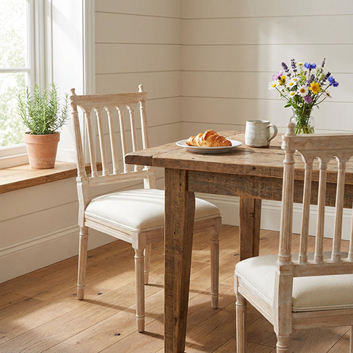 Set of 2 Antique Dining Chairs, Linen Upholstered Wooden Slat Back Chairs