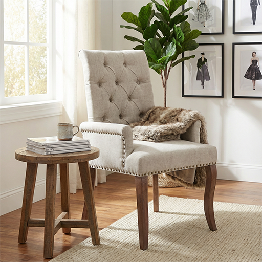 Single Beige Club Dining Chair in Chenille, Tufted Back with Curved Solid Wood Legs & Arms