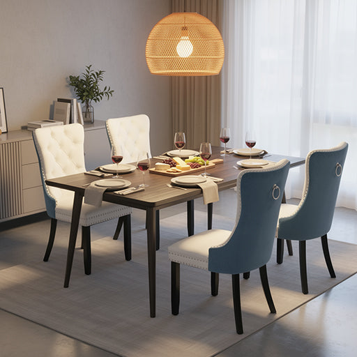 Modern Dining Chairs Set of 2, Smooth PU Front & Tufted Light Blue Velvet Back with Nailhead Trim