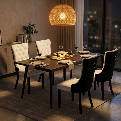 Modern Dining Chairs Set of 2, Front PU & Back Velvet Upholstery with Nailhead Trim