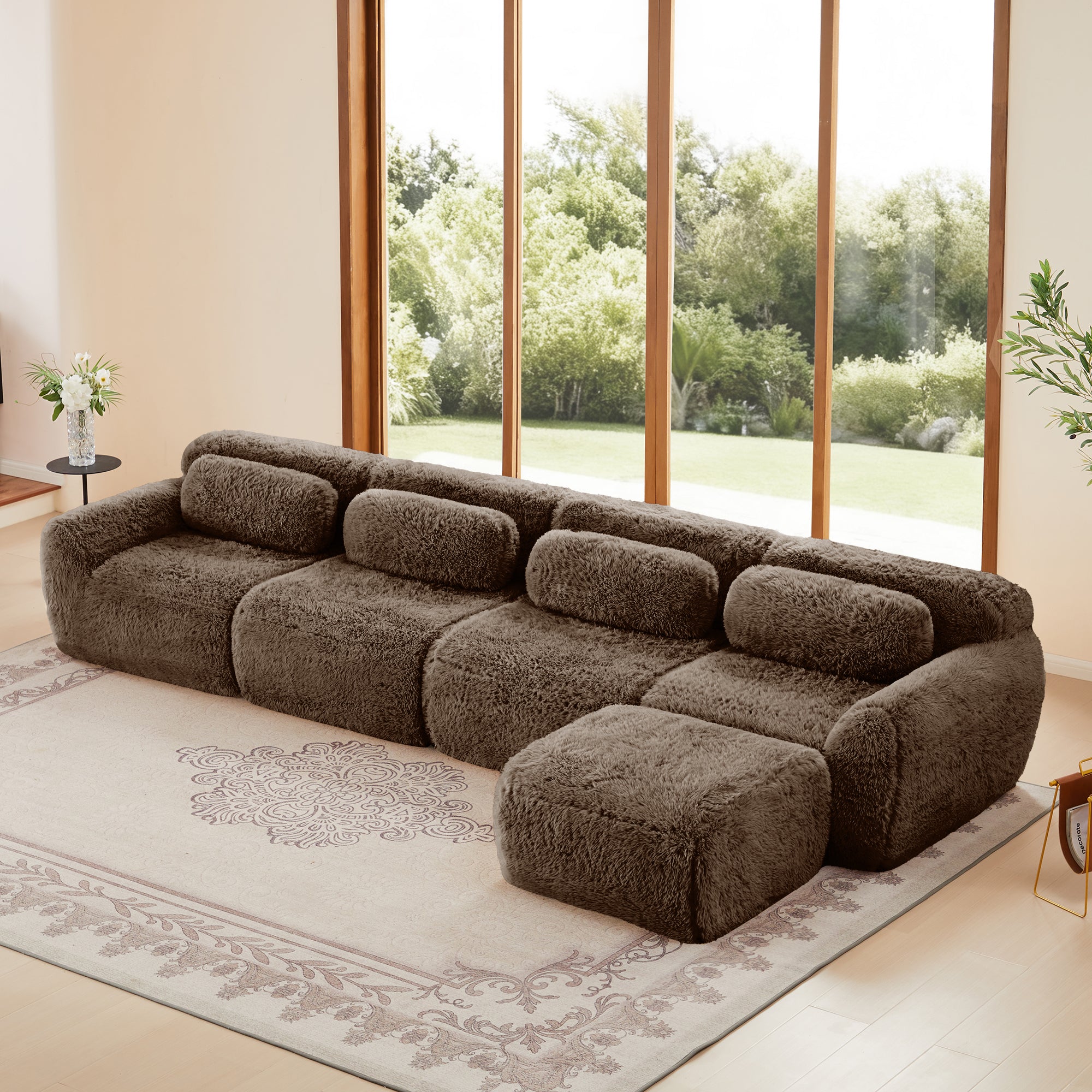 4-Seat L-Shaped Sectional Sofa, Plush Cloud Couch, No Assembly, 32D High-Density Sponge, Anti-Slip Bottom(Chocolate)