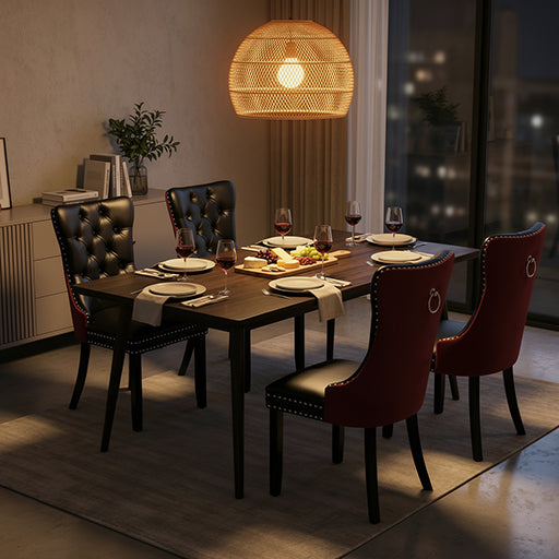 Modern Dining Chairs Set of 2, Black PU & Wine Velvet with Solid Wood Legs