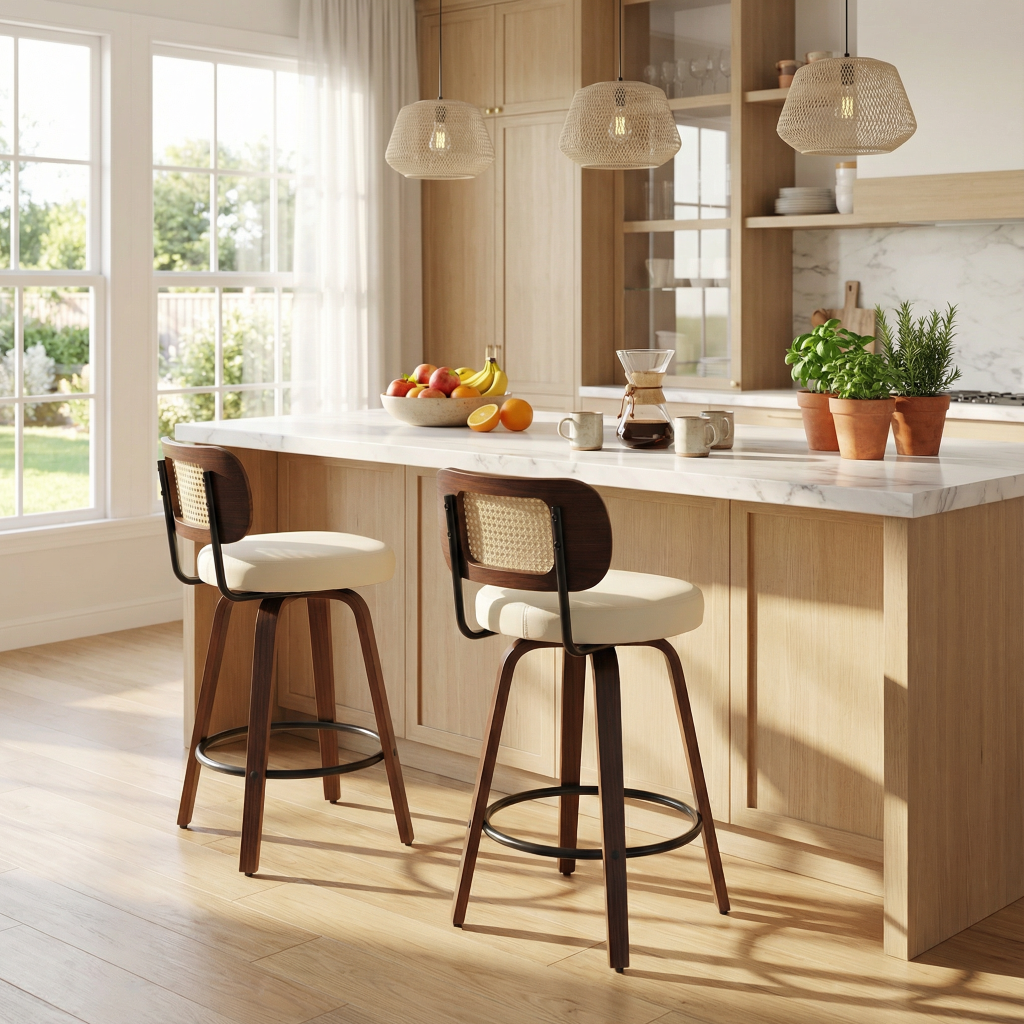 Set of 2 Rattan Bar Stools, 26” Beige PU Swivel Stools with Walnut Legs