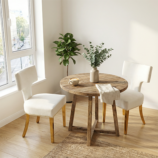 Mid Century Dining Chairs Set of 2, Beige Chenille with Copper Nail Trim & Gold Splayed Legs