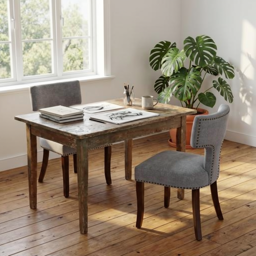 Gray Mid Century Modern Dining Chairs Set of 2, Linen & Solid Hardwood with Copper Nails