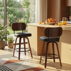 Black Swivel Bar Stools Set of 2, 26” Mid Century Modern Faux Leather & Walnut