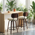 Beige Swivel Bar Stools Set of 2, 26” Mid Century Modern Faux Leather & Walnut