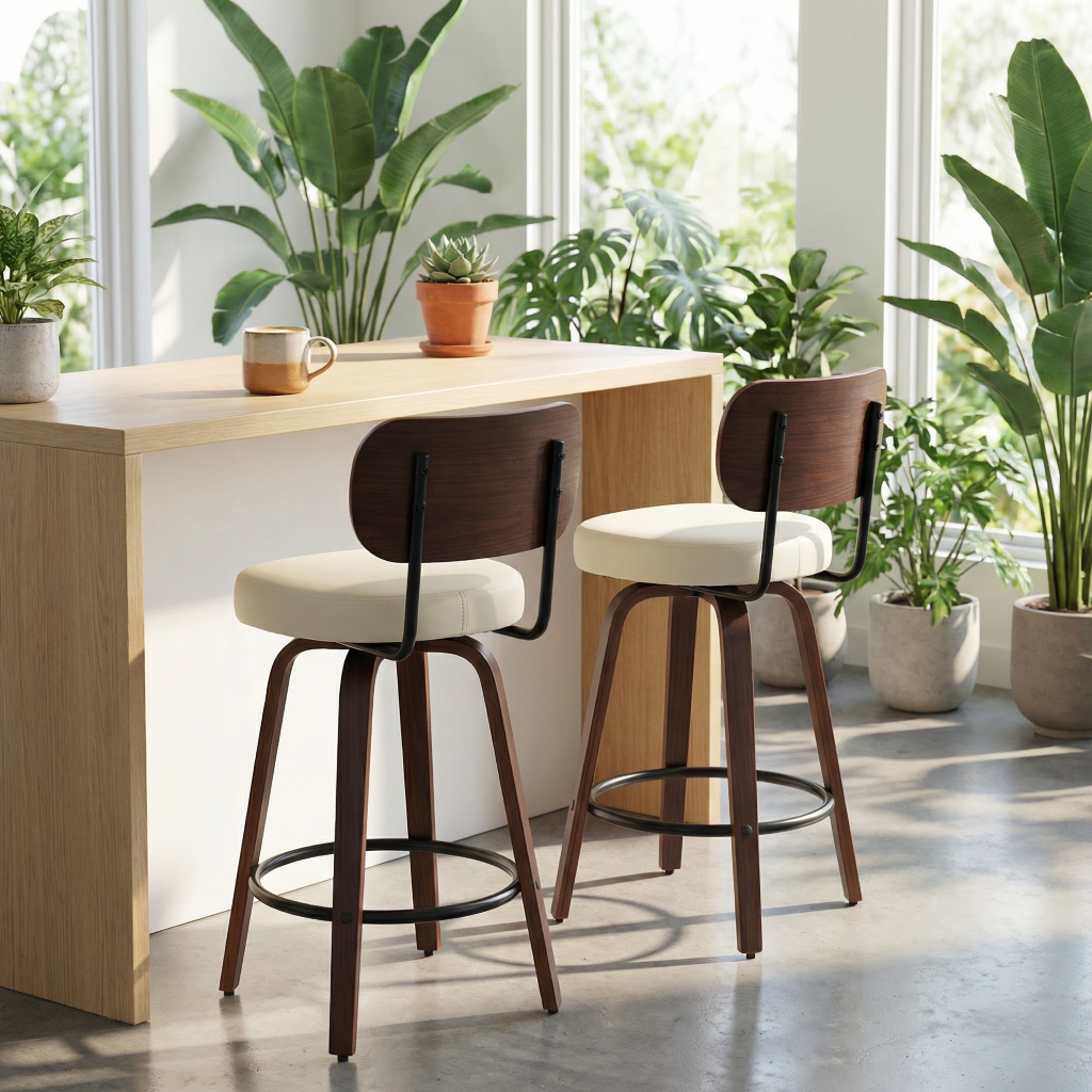 Beige Swivel Bar Stools Set of 2, 26” Mid Century Modern Faux Leather & Walnut