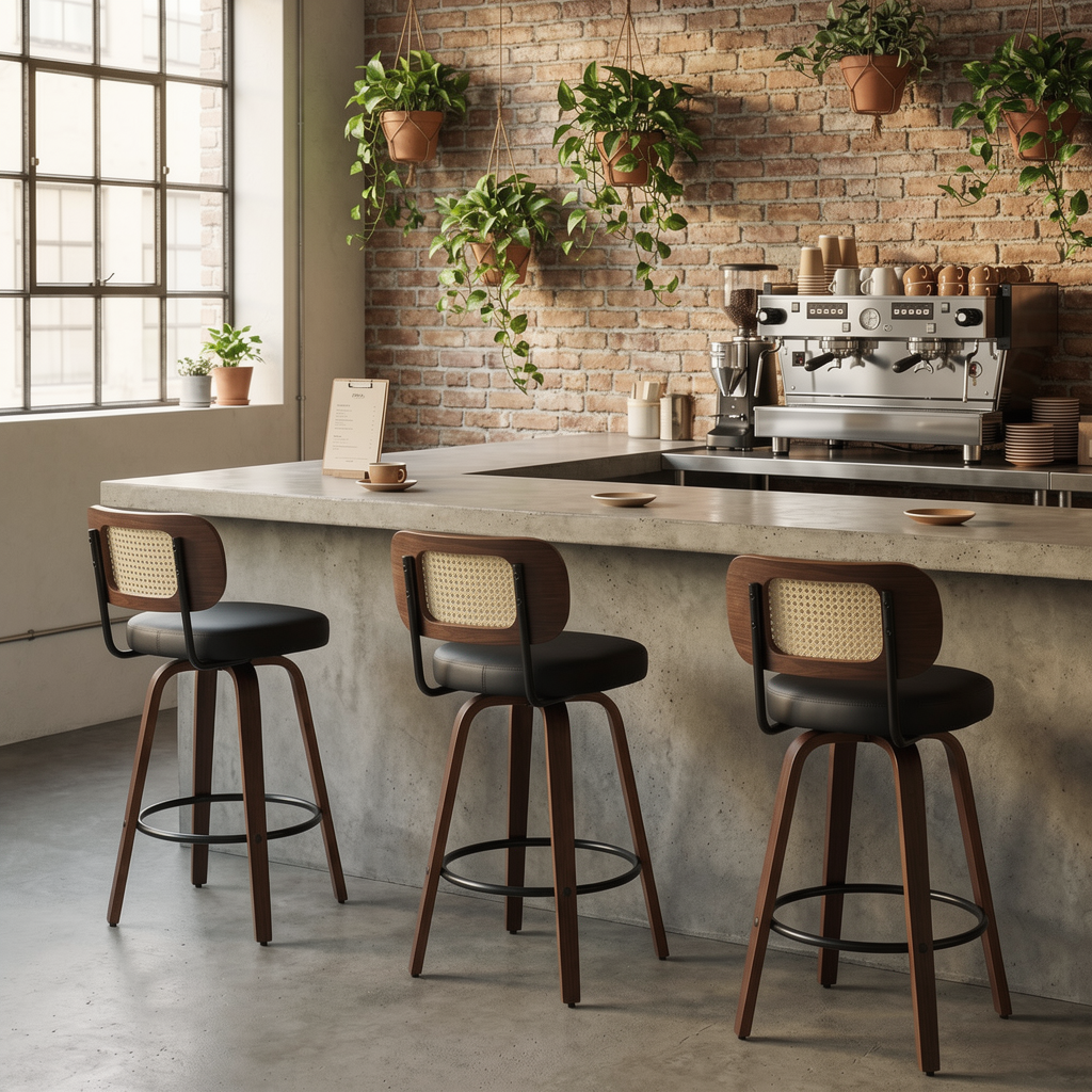 Set of 3 Rattan Back Bar Stools - 26” Swivel Counter Stools with Upholstered Seat for Kitchen Island, Walnut & Black