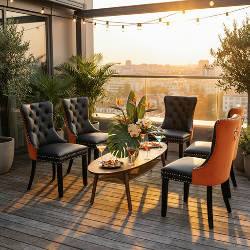 Modern Dining Chairs Set of 2, Black PU & Vibrant Orange Velvet with Nailhead Trim