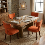 Orange Mid Century Modern Dining Chairs Set of 2, Linen & Hardwood with Copper Nails