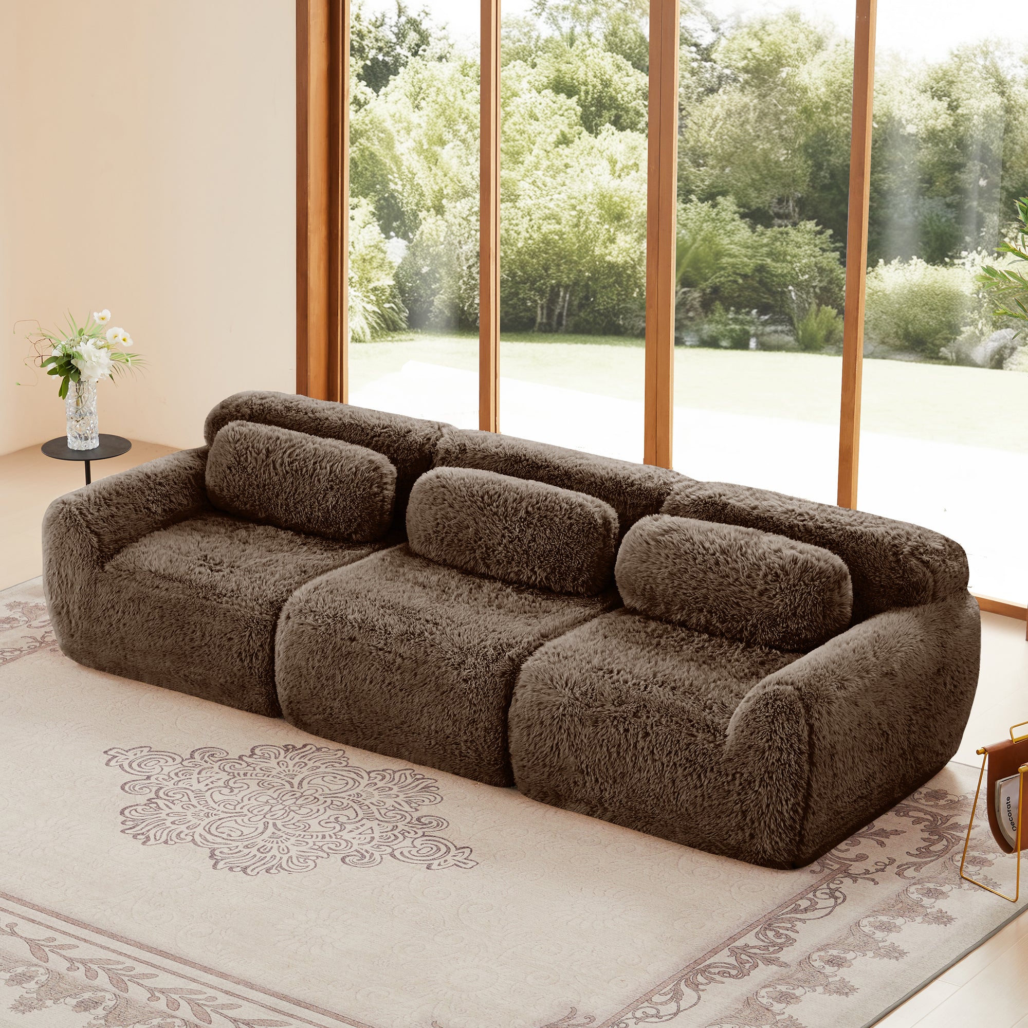 3-Seat Modular Sectional Sofa with Ottoman, Soft Plush Fabric, Vacuum Packed(Chocolate)