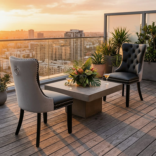 Modern Dining Chairs Set of 2, Black PU & Grey Velvet with Nailhead Trim