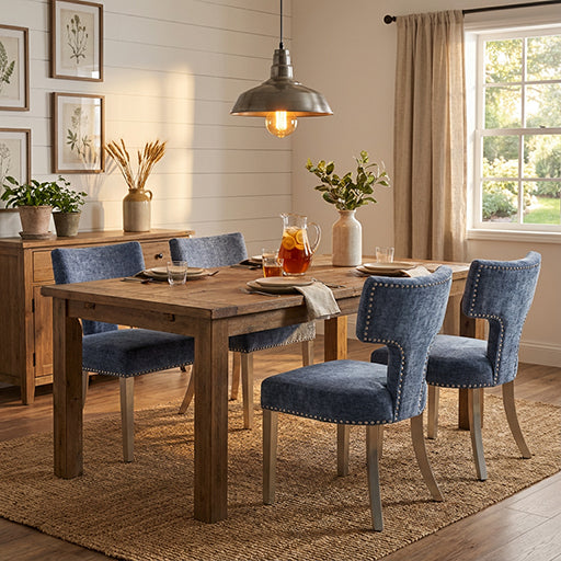 Mid Century Dining Chairs Set of 2, Blue Chenille with Copper Nail Trim & Silver Brushed Steel Legs