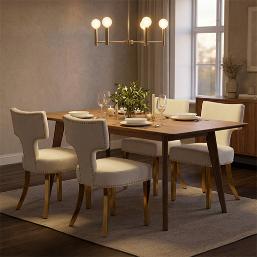 Mid Century Dining Chairs Set of 2, Beige Chenille with Copper Nail Trim & Gold Splayed Legs