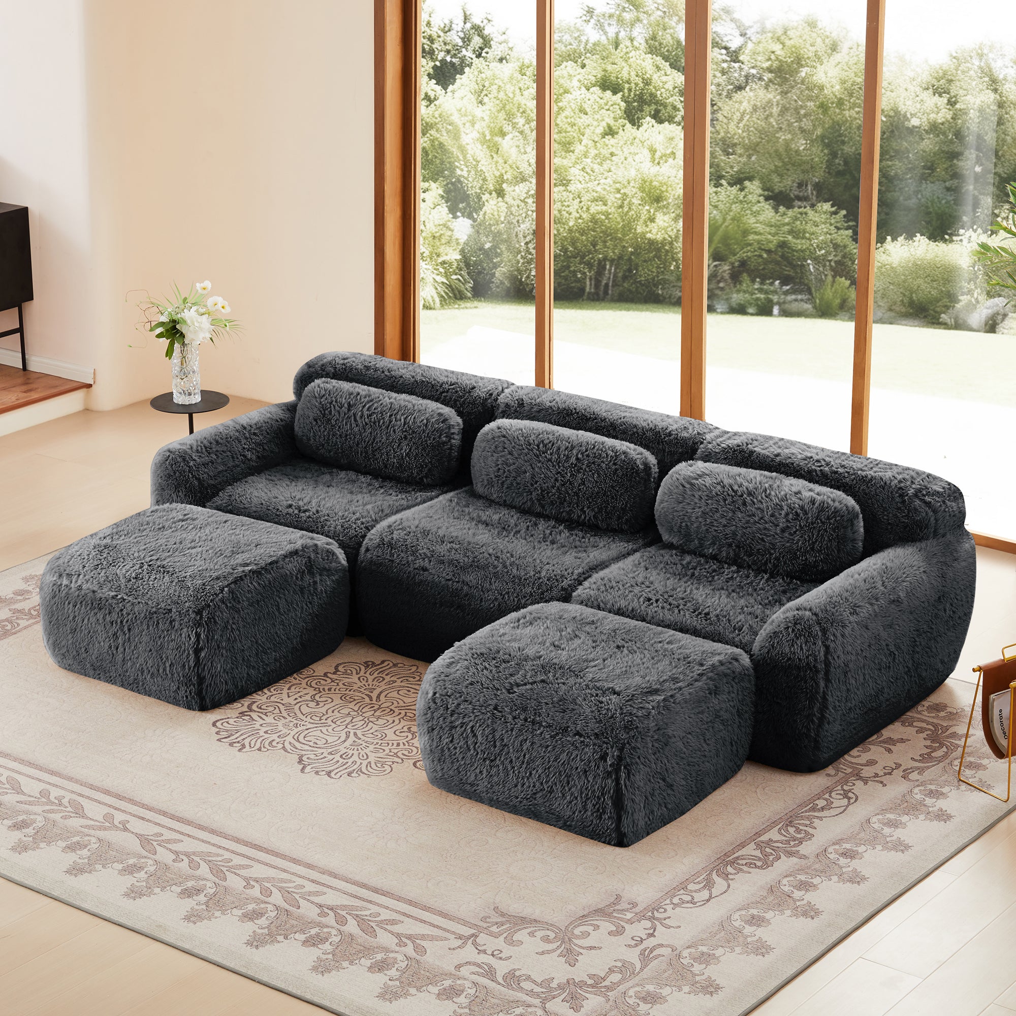 U-Shaped 3-Seat Sectional Sofa with 2 Chaise Lounges, Plush Fabric, 32D High-Density Sponge, No Assembly(DARK GREY)