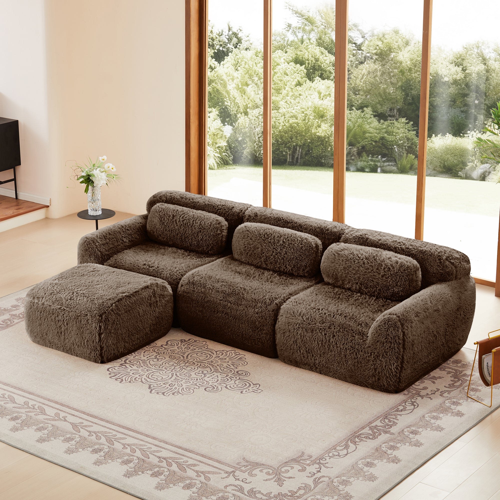 L-Shaped 3-Seat Plush Sectional Sofa with Movable Ottoman, 32D High-Density Sponge(Chocolate)