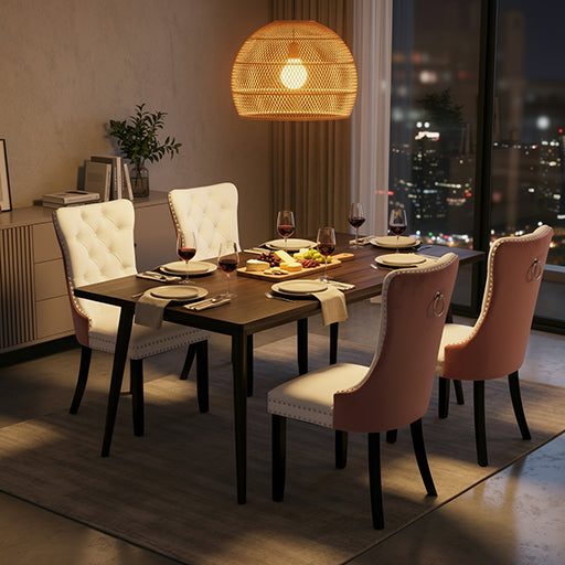 Modern Dining Chairs Set of 2, Smooth White PU Front & Tufted Pink Velvet Back with Nailhead Trim