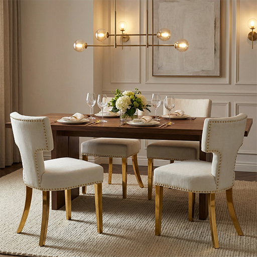 Mid Century Dining Chairs Set of 2, Beige Chenille with Copper Nail Trim & Gold Splayed Legs