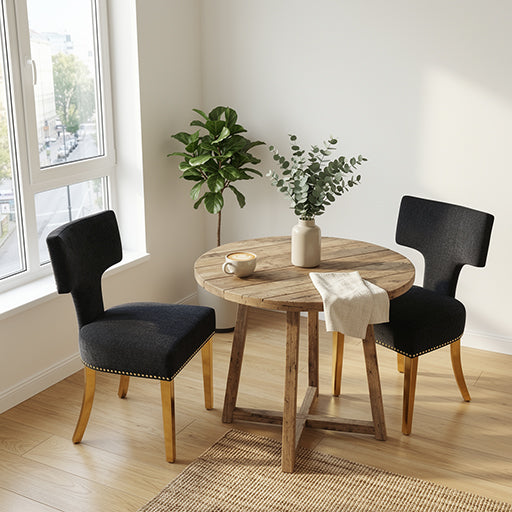 Mid Century Dining Chairs Set of 2, Black Chenille with Copper Nail Trim & Gold Splayed Legs