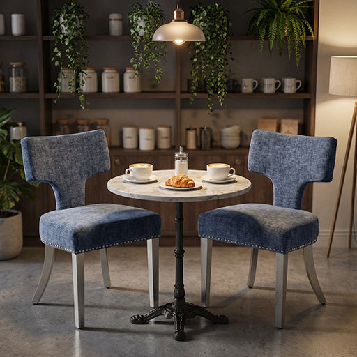 Mid Century Dining Chairs Set of 2, Blue Chenille with Copper Nail Trim & Silver Brushed Steel Legs
