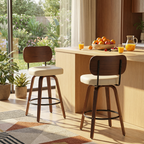 Beige Swivel Bar Stools Set of 2, 26” Mid Century Modern Faux Leather & Walnut