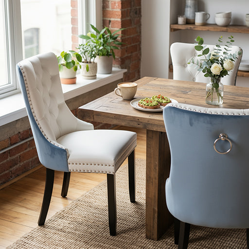 Modern Dining Chairs Set of 2, Smooth PU Front & Tufted Light Blue Velvet Back with Nailhead Trim