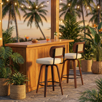 Set of 2 Rattan Bar Stools, 26” Beige PU Swivel Stools with Walnut Legs