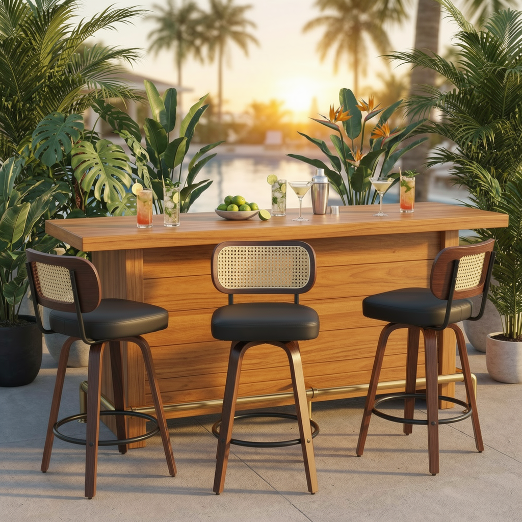 Set of 3 Rattan Back Bar Stools - 26” Swivel Counter Stools with Upholstered Seat for Kitchen Island, Walnut & Black