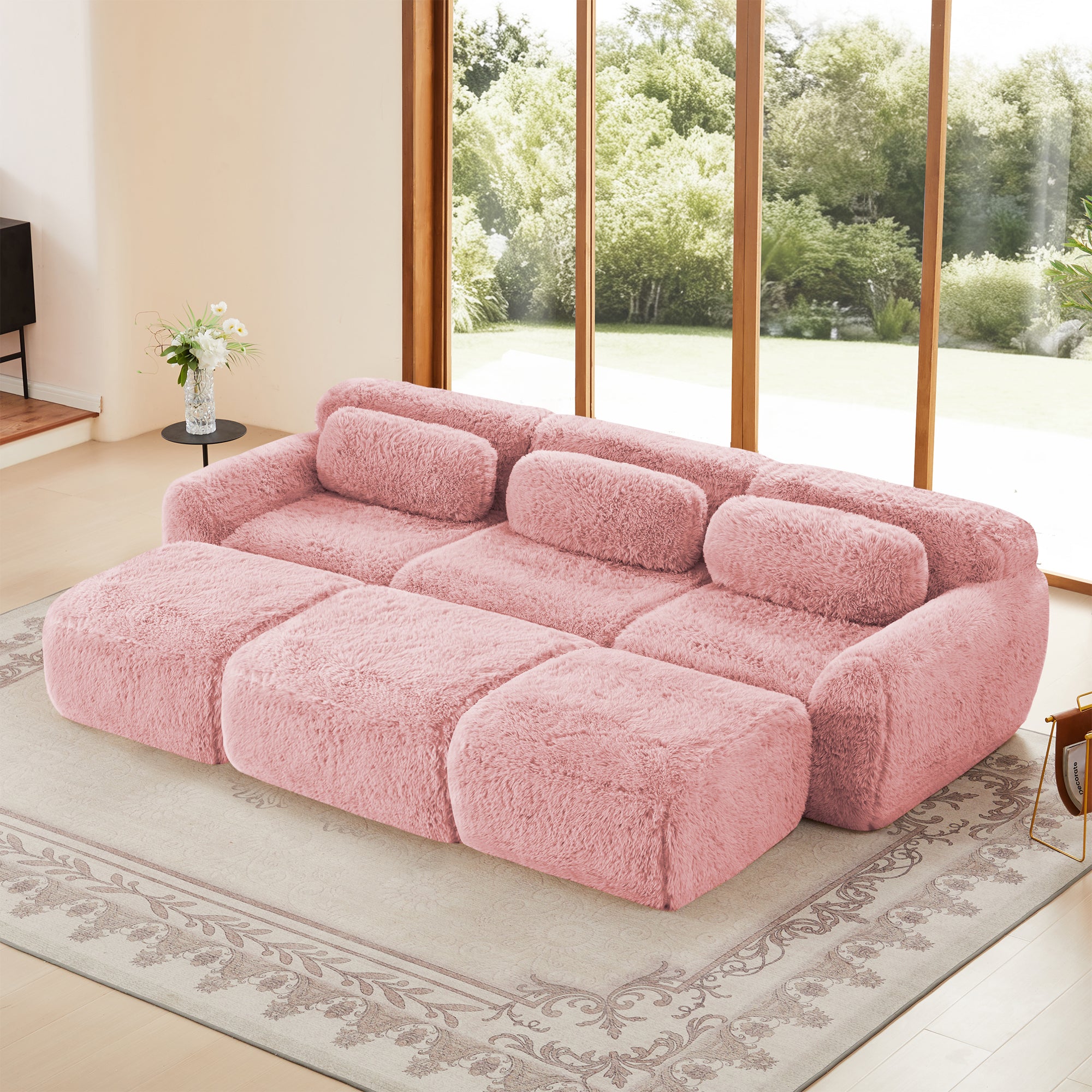 3-Seat Sectional Sofa Bed with 3 Movable Ottomans, Plush Fabric, 32D High-Density Sponge, No Assembly Required(Pink)