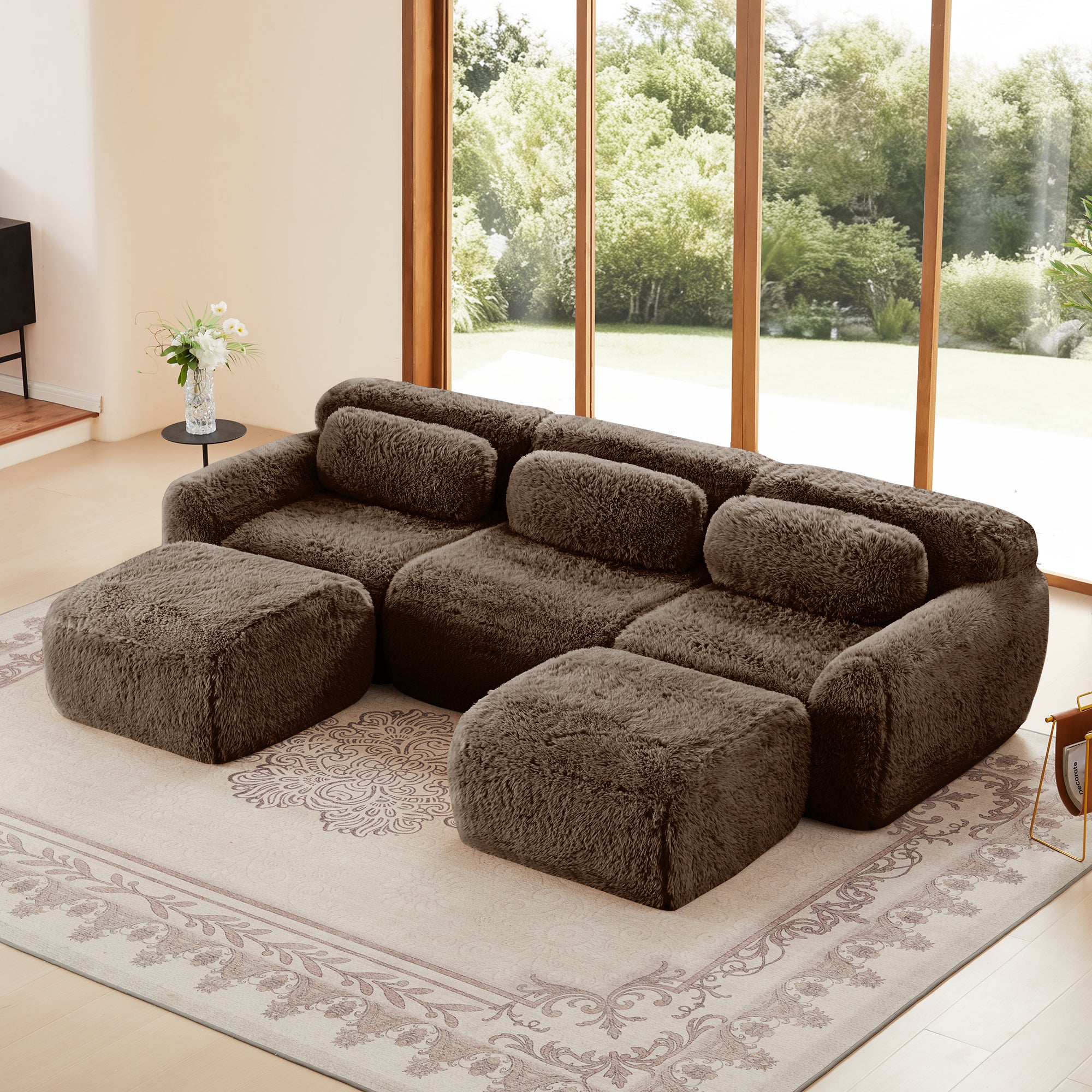 U-Shaped 3-Seat Sectional Sofa with 2 Chaise Lounges, Plush Fabric, 32D High-Density Sponge, No Assembly(Chocolate)