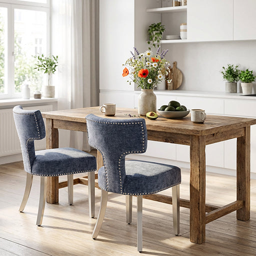 Mid Century Dining Chairs Set of 2, Blue Chenille with Copper Nail Trim & Silver Brushed Steel Legs