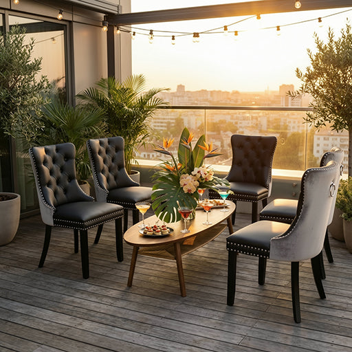 Modern Dining Chairs Set of 2, Black PU & Grey Velvet with Nailhead Trim