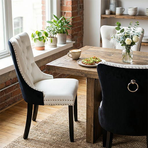 Modern Dining Chairs Set of 2, Front PU & Back Velvet Upholstery with Nailhead Trim